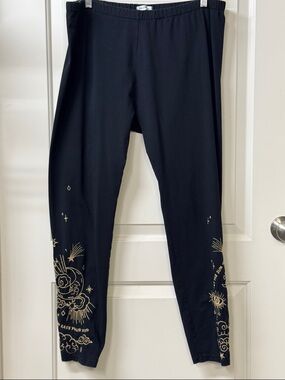 Johnny Was Black Leggings with Gold Celestial Embroidery